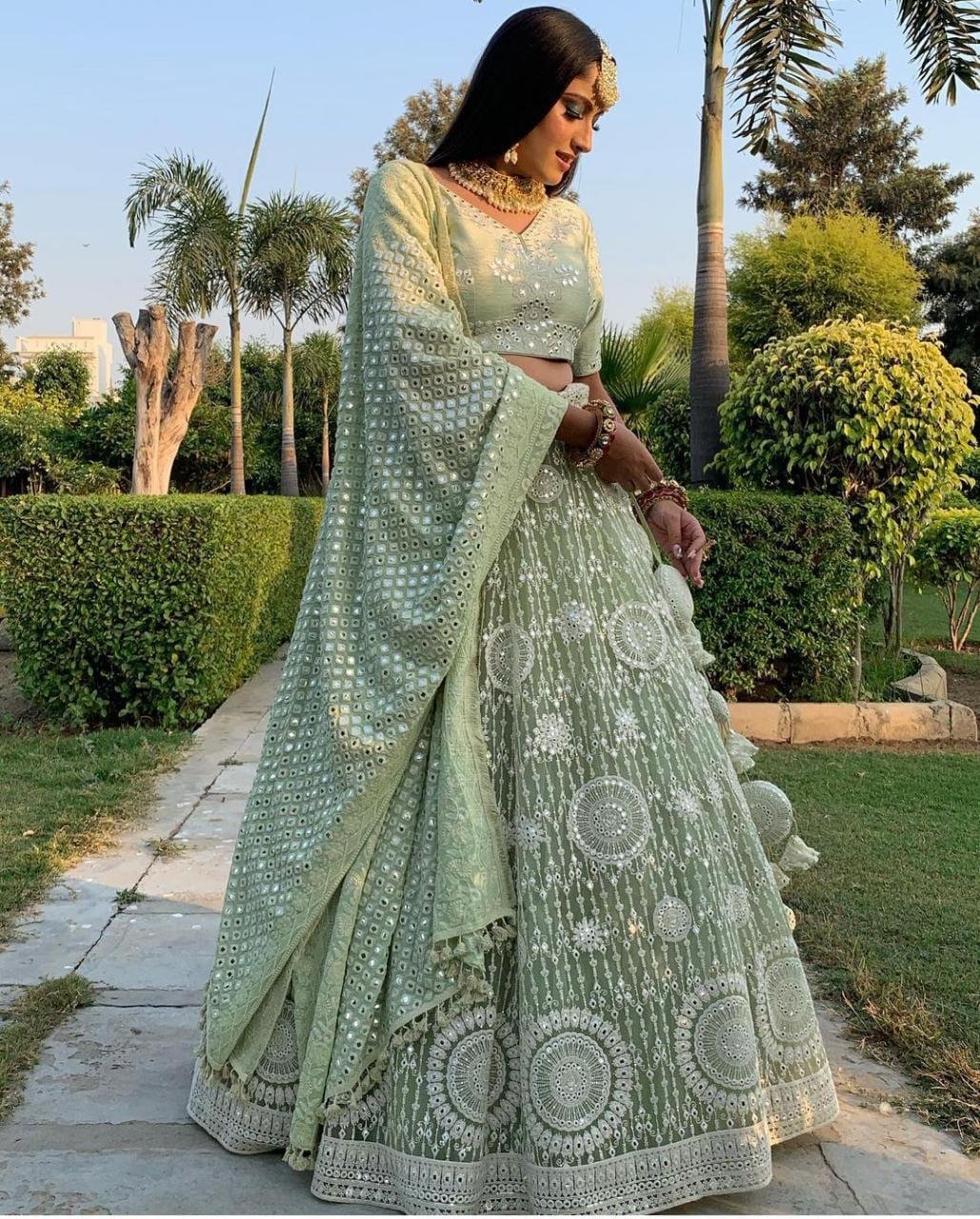 Green Mirror Work Net Wedding Wear Lehenga Choli - lovelyweddingmall.com