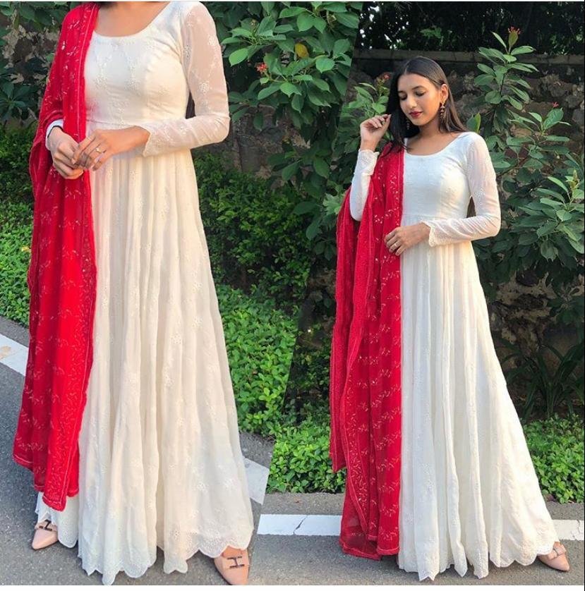 Buy Good Quality of New Party White with Red Anarkali And Duppata with  Discount Price | Akshashopie.com